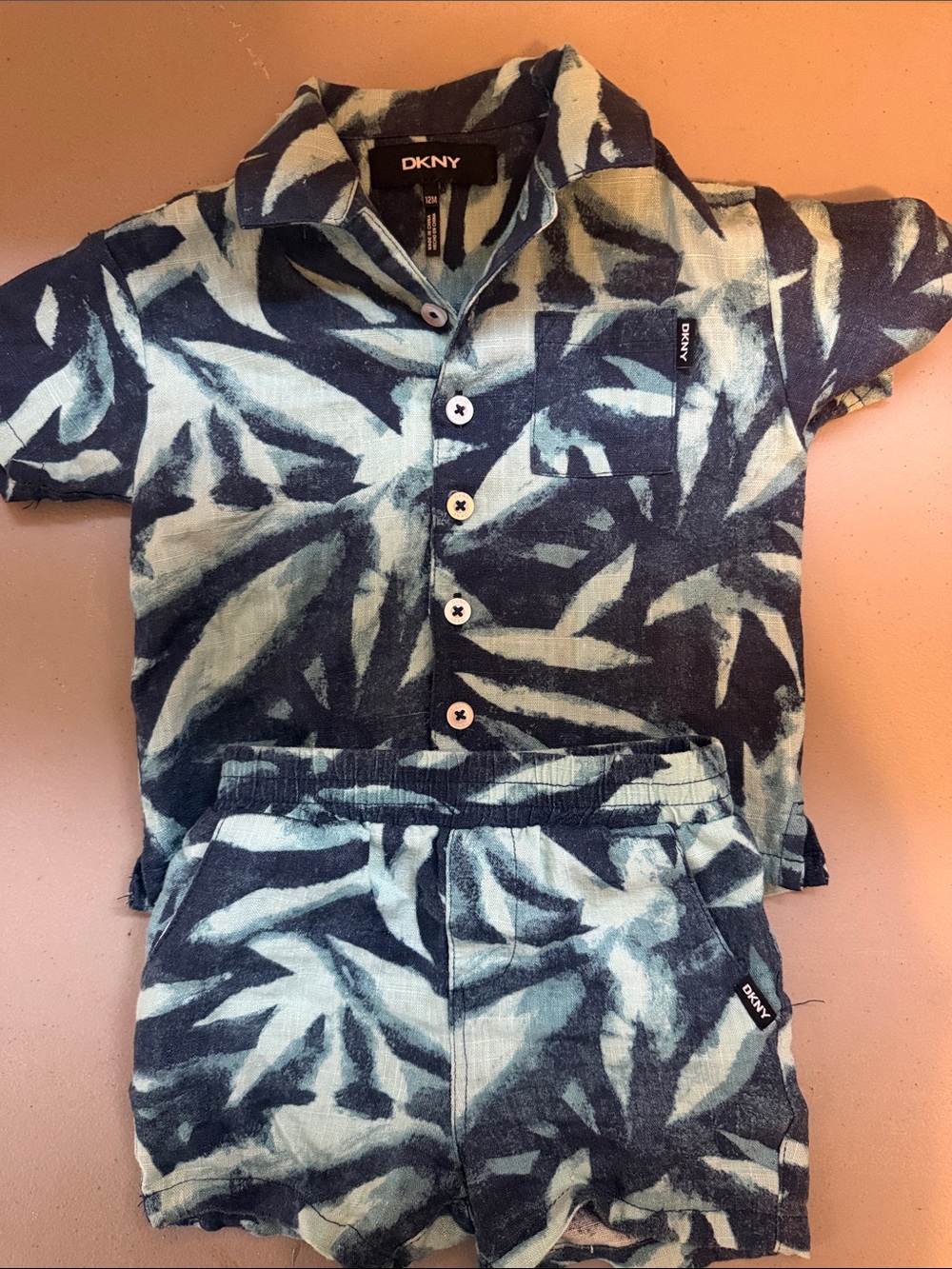 DKNY Navy and Light Blue Palm-Print Button Shirt & Shorts Set